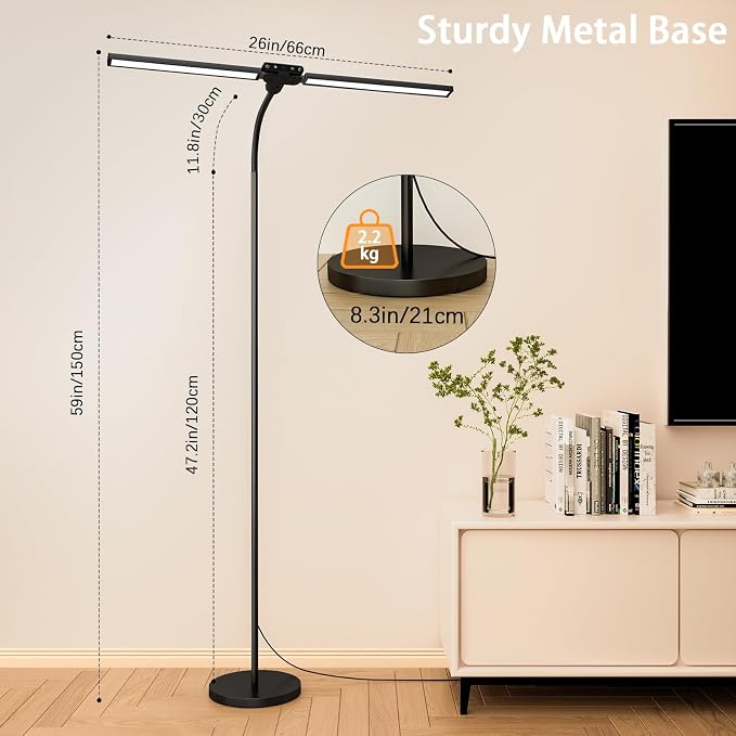 LED Floor Lamp, 24W Dual Head Dimmable Standing Lamp with Remote & Touch Control, Adjustable Gooseneck, 3000K-6500K Modern Reading Lamp for Living Room, Bedroom, Office & Crafts