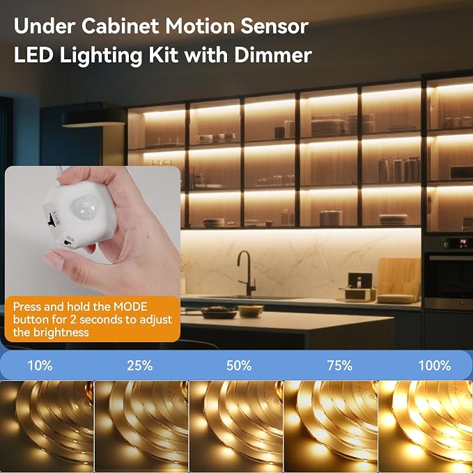 Motion Sensor LED Strip Lights 16.4ft Warm White Stair Bed Lighting Indoor | Motion Activated LED Strip, USB Powered Dimmable Auto On/Off Night Light for Bedroom Cabinet Hallway Closet (No Remote/App)