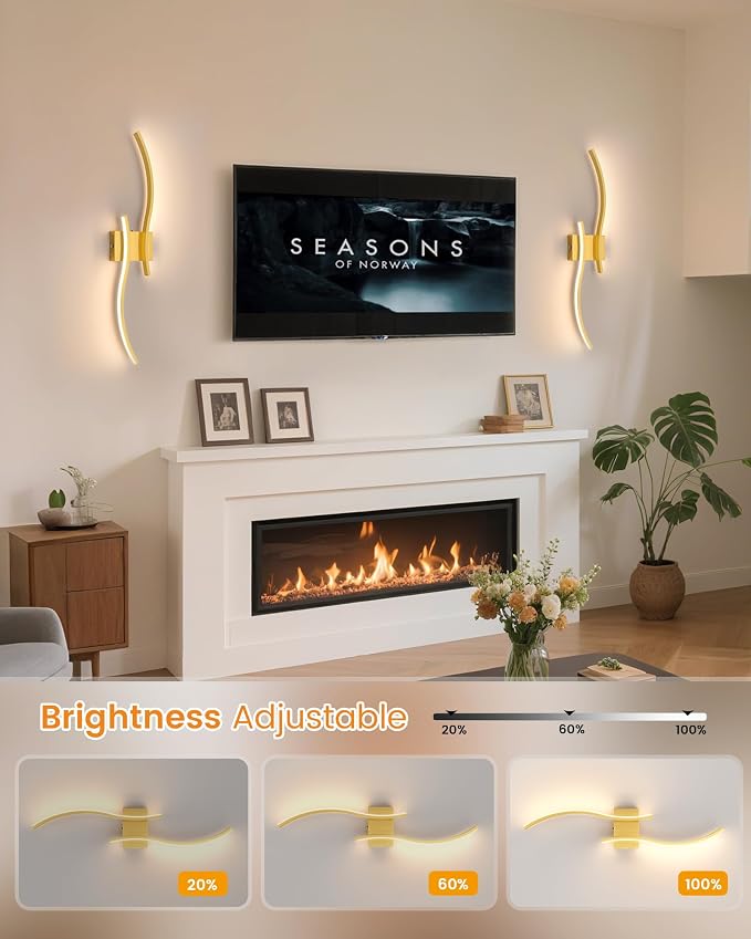 VOLISUN Battery Operated Wall Sconces Set of Two, 27.6 inch Wireless Wall Sconces, 3000K-6500K Dimmable Wall Lamps with Remote, Rechargeable Gold Wall Lights for Living Room, Hallway, Bedroom