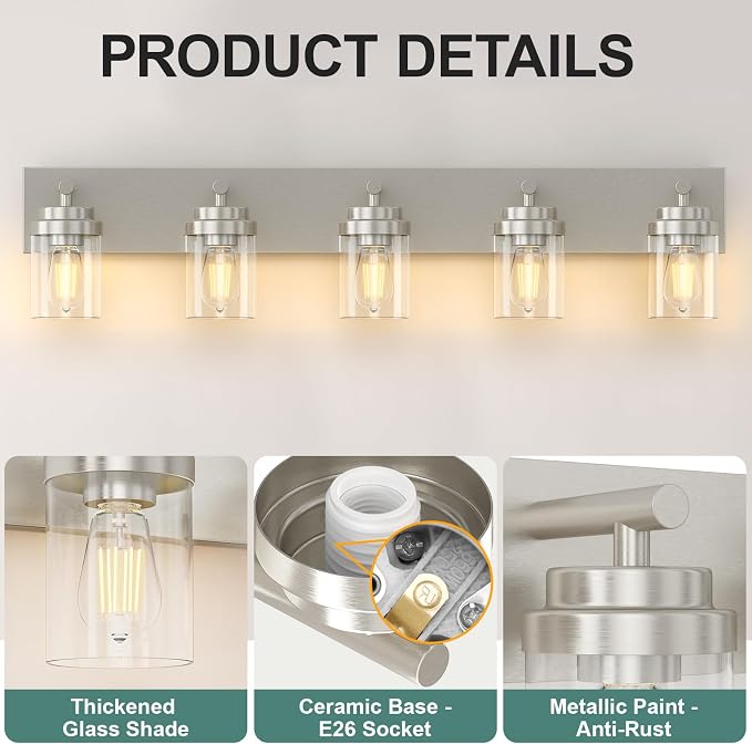 IZORRO Bathroom Vanity Light Fixture, 5-Light 36 Inch Brushed Nickel Bathroom Light Fixtures Over Mirror, with Clear Glass Shade, Modern Farmhouse Vanity Lights, Rustic Restroom Lighting Fixtures