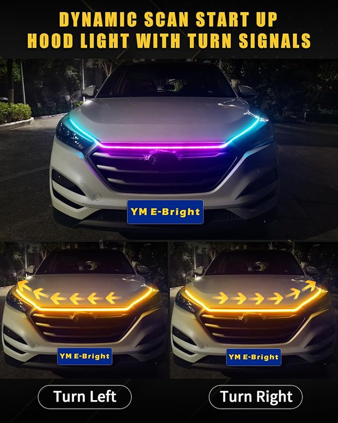 RGB Hood Light Strip with Sequential Turn Signal Indicator Function Waterproof Multicolor Dynamic Scan Start Up Hoodbeam Kit for Cars,Truck,SUV,with APP Control,12V 79inch/2M (1Set)