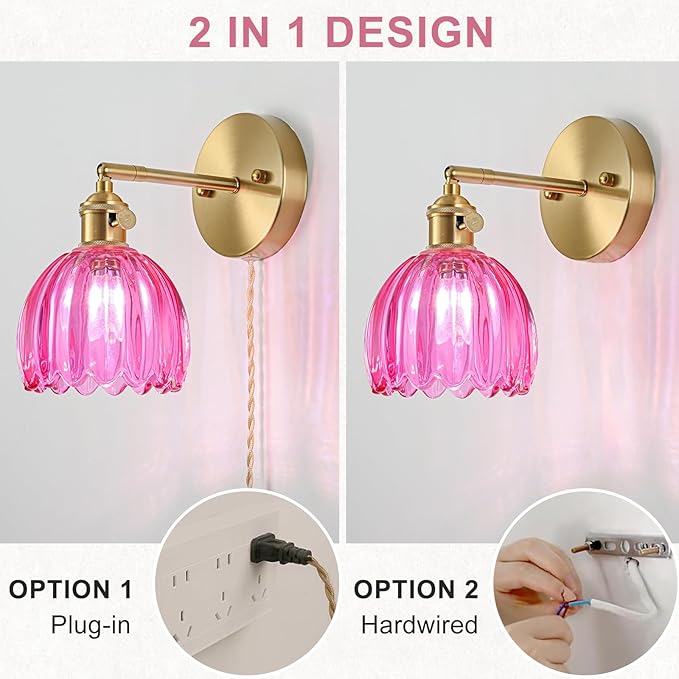 Plug in Wall Sconce, Vintage Sconce Light with Tulip Ruby Red Glass Lampshade, Bedside Wall Sconce with Switch and Plug in Wall Lamp Cord, Gold Wall Light for Bedroom