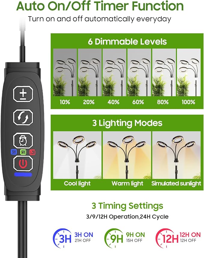 Grow Lights for Indoor Plants, Full Spectrum LED Plant Light with Tripod Stand, Plant Growing Lamps with Timer 3/9/12H, 3 Color Modes, 6 Brightness, 78'' Adjustable Height for Large Plants