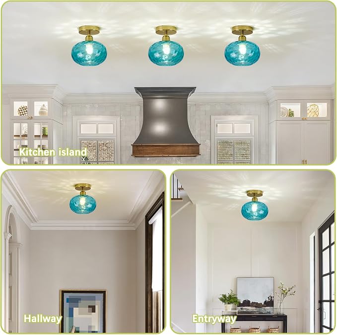7.9″ Vintage Small Blue Semi Flush Mount Hallway Ceiling Light ,2 Pack | Art Deco Hammered Glass,Whimsical,MCM,Gold Mid Century Light Fixtures for Closet Cottage Entryway Laundry Room Foyer