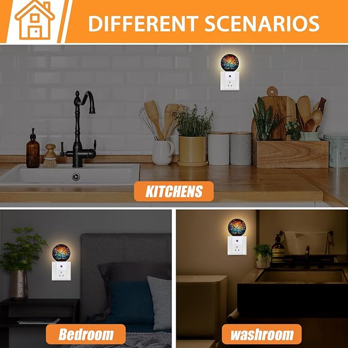 Abstract Colorful Trees Night Light,Paintings Nightlight Plug into Wall LED Lamp Auto Sensor Dusk to Dawn for Bedrooms/Kitchens/Toilets/Corridors,Energy-Saving