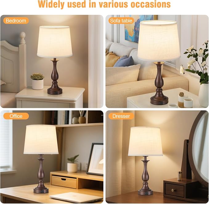 Bedside Table Lamp Touch Control Bedroom Lamps with USB A + C Charging Port 3 Way Dimmable Touch Lamps for Nightstand Living Room Bedroom Dorm Home Office Reading, Set of 2 (White Shade & Brown Base)