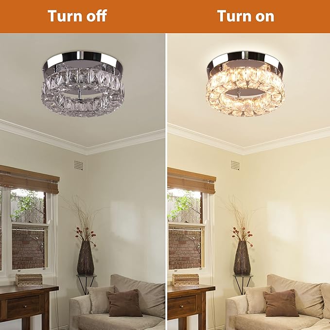 9.8" Modern Mini LED Chandelier Crystal Ceiling Light Flush Mount Light Fixture Ceiling Mount for Hallway Foyer Kitchen Closet (Warm White)