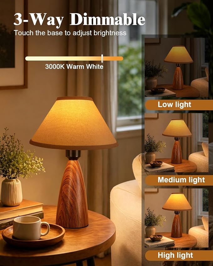 Nusogon Touch Table Lamp for Nightstand - 3-Way Dimmable Small Bedside Lamp | 3s Quick Shut-Off Smart Desk Lamp for Bedroom, Living Room, Reading, Nursery, LED Bulb Included