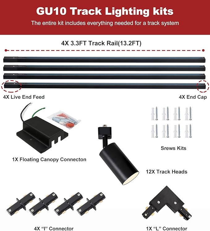 12-Light LED Track Lighting Kit with 13.2FT H Type Track Lighting Rails and Floating Canopy Connector, Modern Kitchen GU10 Track Lighting Fixtures Ceiling Spot Light, Black (No Bulbs)