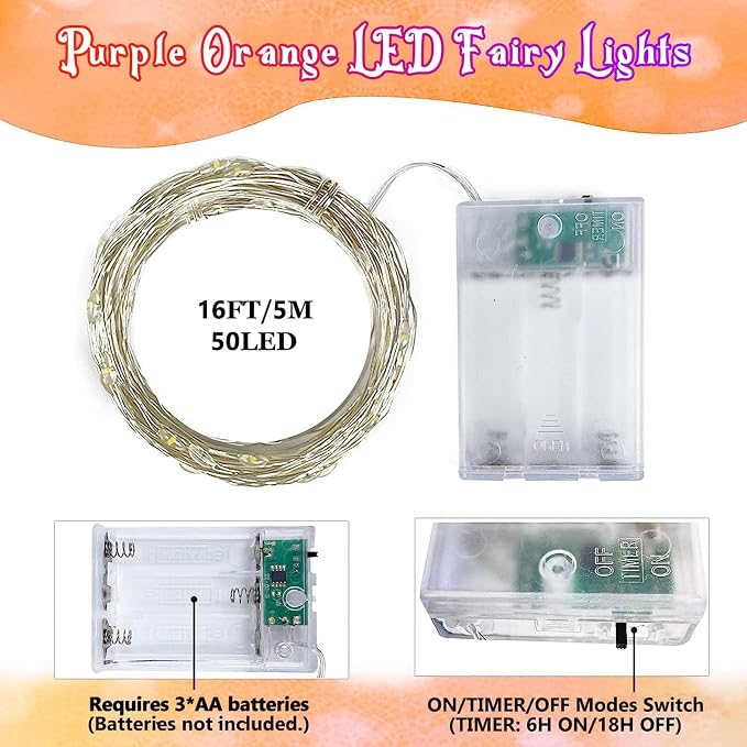 Halloween String Lights 4 Pack Fairy Lights Battery Operated Orang Purple | Each 16FT 50 LED, Timer, Waterproof Wire, Battery Fairy String Lights for Halloween Horror Parties Bedroom Home Table Decor