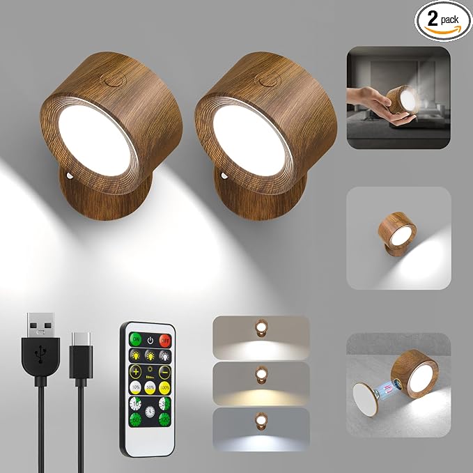 Racokky LED Wall Lights 2 Pcs with Remote, Wall Sconces Lighting 3000mAh Rechargeable Battery Operated, 3 Color Temperatures & Dimmable Magnetic 360° Rotation Cordless Lamp for Bedroom Hallway
