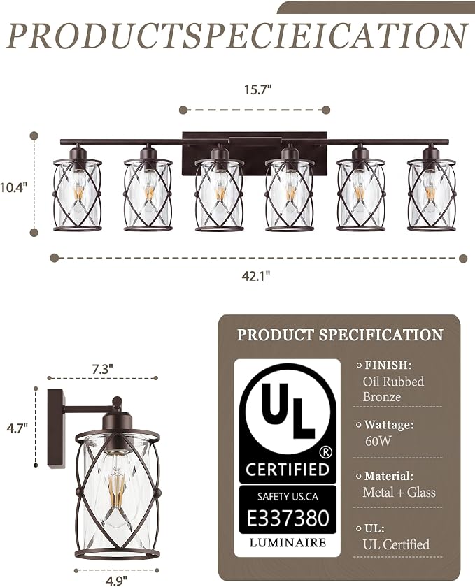 6-Light Oil Rubbed Bronze Bathroom Light Fixtures Over Mirror, 42" UL-Listed Modern Farmhouse Wall Sconce Lights with Clear Glass and Metal Cage for Bath, Hardwire E26, CH9176ORB-6W