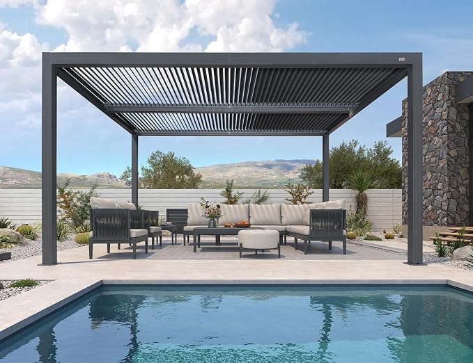 PURPLE LEAF Louvered Pergola 94AS 11' x 14' w/ 1L2W Side Shade Screen Grey | All-Aluminum Rustproof Frame, Two Adjustable Louvered Roofs, Plus Textilene Sunshade With UV Protection, DIY-Friendly Design