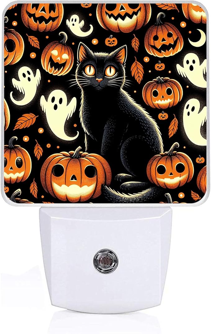 Smiling Pumpkin Night Light, Plug-into Halloween Ghost Black Cat Nightlight White LED Lamp, Energy Efficient Decor Desk Lamp for Bedroom Hallway Stairs Bathroom