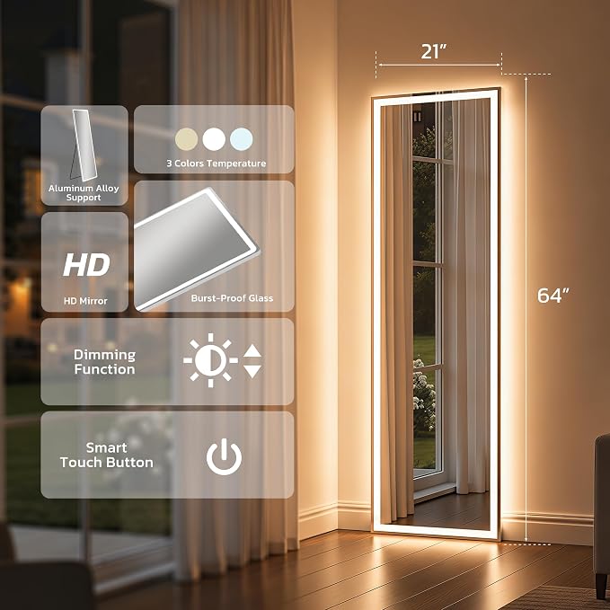 64"x21" Full Length Mirror with LED Lights, Hanging Mounted Mirrors, Aluminum Frame Mirrors with Dimming & 3 Color Lighting, Lighted Full Body Mirror for Bedroom, Dressing Room, Cloakroom