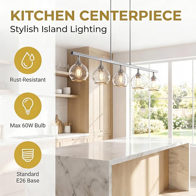 Kitchen Island Linear Pendant Light, 5-Light Brushed Nickeld Dining Room Chandelier with Clear Glass Globe Shades, Modern Linear Lighting Fixture Over Table