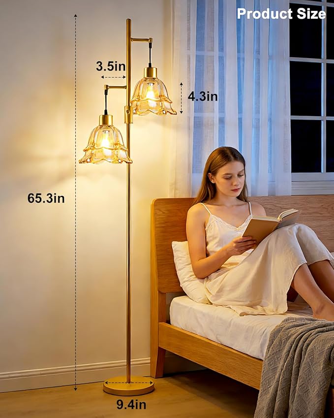 Lightdot 65IN Gold Flower Floor Lamp for Living Room, 2- Light Dimmable Floor Lamps with Brown Glass Lampshade, 3000K Warm White Modern Standing Tall Lamp for Bedroom Sofa Beside Corner Decor
