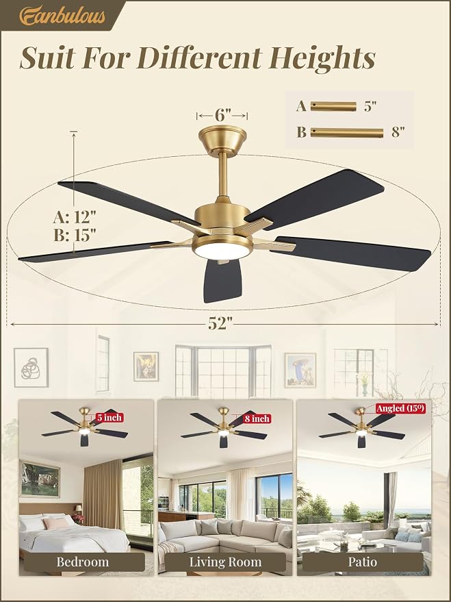 Fanbulous 52 Inch Black and Gold Ceiling Fan with Light, Remote & APP | Stepless CCT & Dimmable Light, 20W LED Ceiling Fan, 6 Speeds, Reversible Quiet DC Motor, for Bedroom, Living Room, Apartment