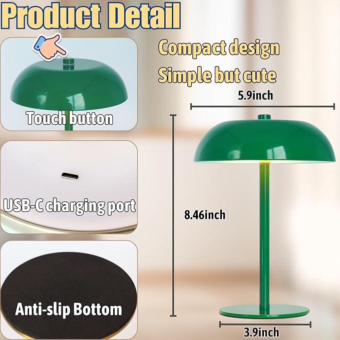 Portable LED Table Lamp, Cordless Dimmable Touch Table Light, Rechargeable Battery Operated Small Lamp with 3 Colors and Brightness Control for Bedroom/Patio/Bar/Coffee Shop (Green)