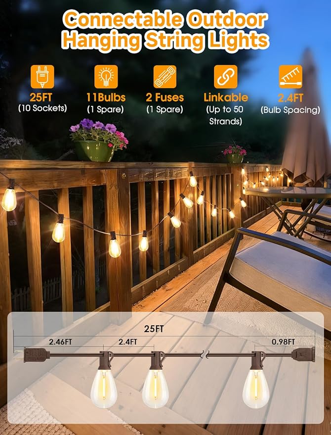 25FT LED Outdoor Patio String Lights, 10+1 Edison S11 Bulbs, Brown | Plug in, Dimmer not included, Dimmable, Waterproof, Shatterproof, Connectable Hanging Lights for Cafe Party Fence Decor