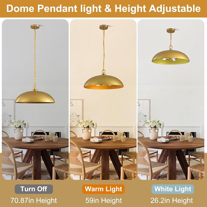 20in Gold Dome Pendant Light 3-Light Kitchen Island Dining Room | Industrial Brass Large Oversized Pendant Lights Chandelier Ceiling Hanging Lighting for Kitchen Island Dining Room Over Table