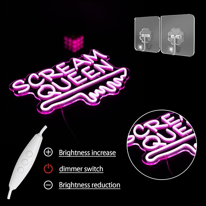 Scream Queen Neon Sign for Wall Decor Dimmable Neon Knife Sign for Teen Girl Room Pink LED Letter Neon Sign Room Dorm Art Wall Decor (16.5''*11'')