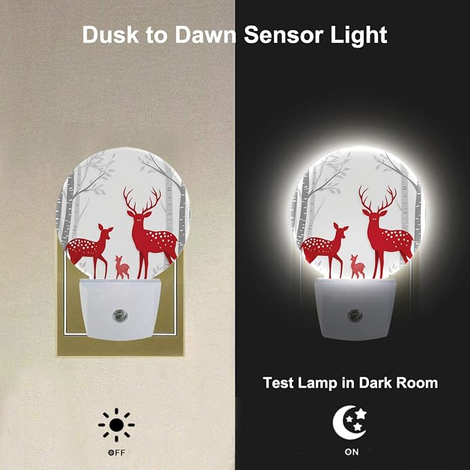 Deer Plug in Night Light Red Christmas Deer Birch Tree Winter Trunk Antler Wildlife Xmas Plug-in Nightlight Auto Sensor LED for Boys Girls Men Women Bedroom Bathroom Decor, LEDLAMP3009