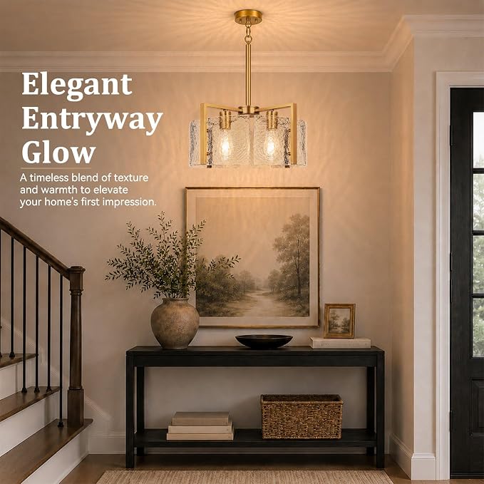 17.7 Inch Gold Chandeliers for Dining Room, Adjustable Height | 4-Light Vintage Entryway Light Fixture, Glass Pendant Lights for Kitchen Island Foyer Bedroom Bathroom