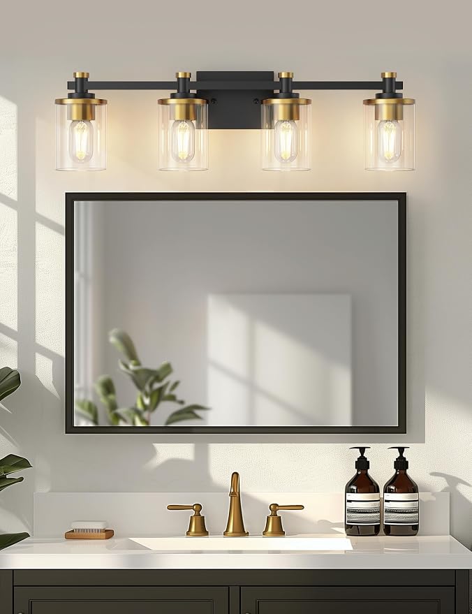 Bathroom Light Fixture, Bathroom Vanity Light Over Mirror, 4-Lights | Vanity Lights for Bathroom, Modern Lighting Fixtures with Clear Glass Shade, Black and Gold Vanity Lights, ETL Listed