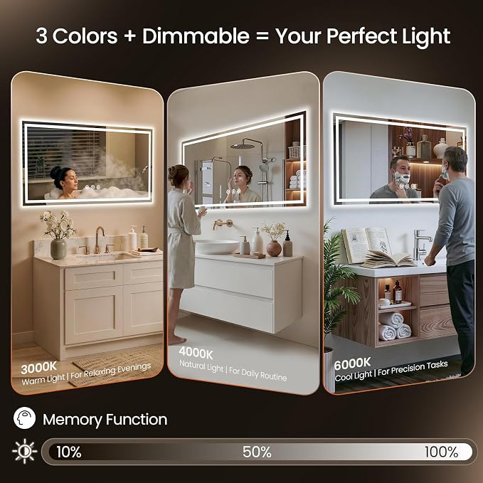 48x32 LED Bathroom Mirror with Anti-Fog, Backlit & Front Lit, Memory | Stepless Dimmable 3 Color CRI 95+ Shatterproof Tempered Glass ETL Listed for Safety Lighted Bathroom Vanity Mirror for Wall
