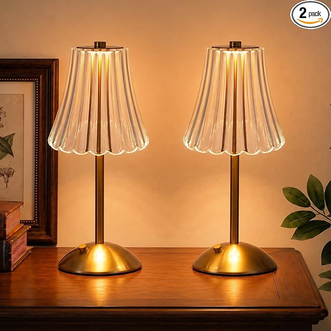 Nusogon 2 Pack Rechargeable Cordless Table Lamp, Touch Control Desk Lamp | 3 Color Dimmable LED Gold Small Lamp for Bedroom Bedside Restaurant Kitchen Home Decor