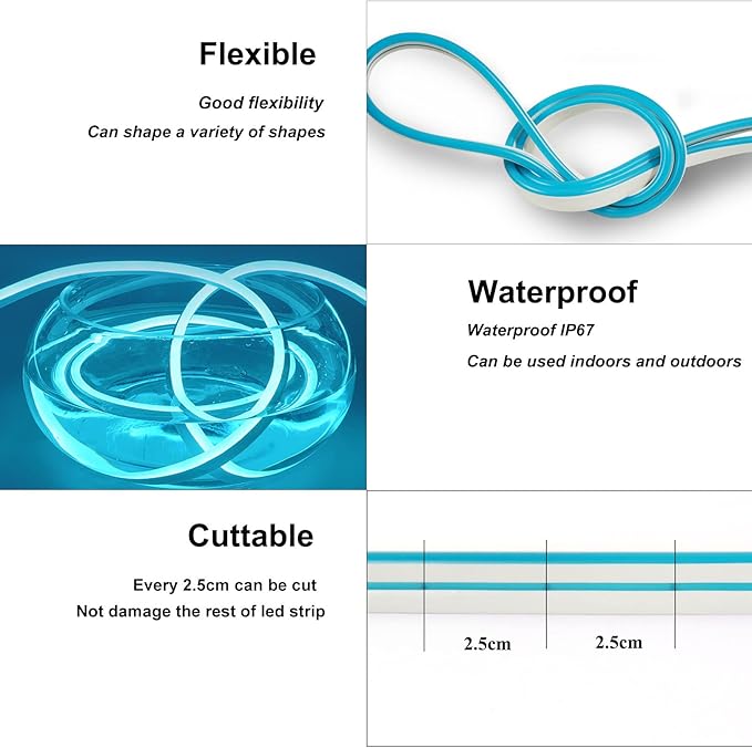 YM E-Bright Led Neon Strip Lights 12V Rope Silicone Indoor Outdoor 16.4Ft 600SMD Waterproof Flexible for Signboard Bar Home Kitchen Bedroom Party Holiday Art Decoration, Ice Blue(No Power Adapter)