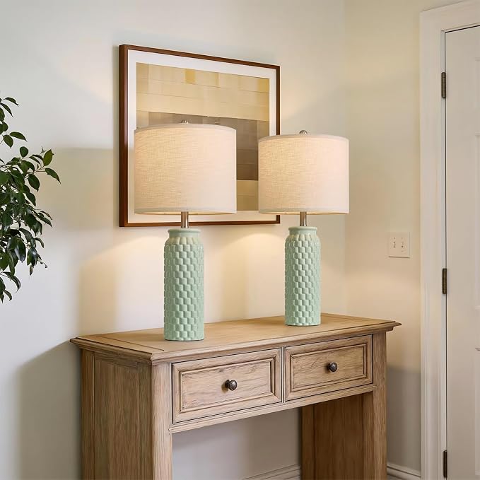 USumkky 27" Ceramic Table Lamps Set of 2 - Modern Farmhouse & Boho Style, Bedside Nightstand Lamps for Bedroom, Living Room End Table Lamps, Small Desk Lamp(Green)