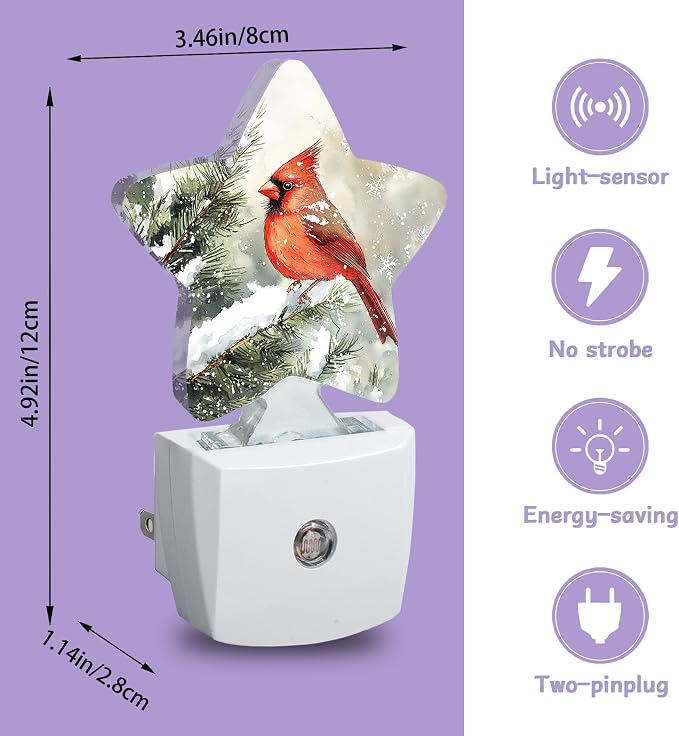 Cardinal Bird Decorative Nightlight Plug in Wall,Christmas Star Shaped Night Light with Built in Sensor for Home Decor,Kitchen Hallway Stairs Desk Lamp