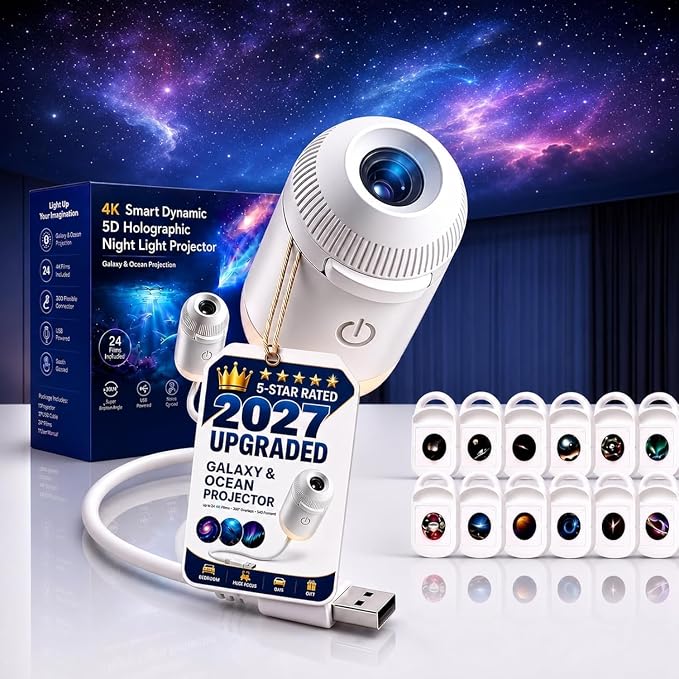 HD Smart Dynamic 5D Holographic Night Light Projector, 2-in-1 Galaxy Projector Night Light for Bedroom, Plug and Play HD Star Projector with 24 Ocean Films, 360° Rotating USB Ceiling Light (12 Films)