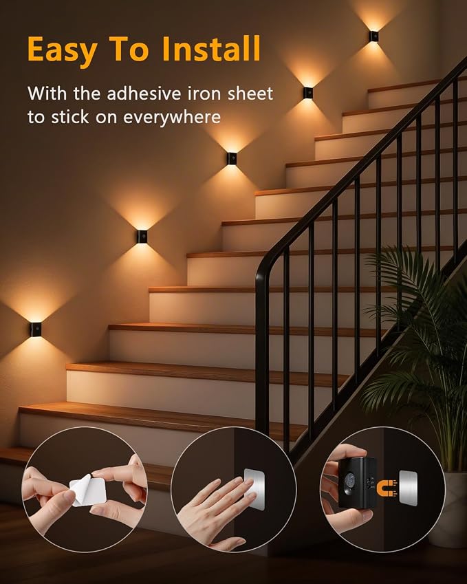 WILLED Rechargeable Motion Sensor Stair Lights Indoor, Magnetic Night Light | Mini Warm White Wireless LED Hallway Light with 3-in-1 Charging Cable for Stairway, Bathroom, Bedroom, Kitchen & Closet