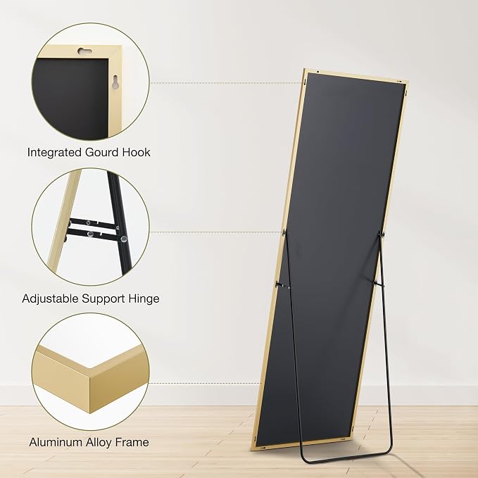 DUMOS Full Length Mirror 64"x21" Full Body Floor Mirror for Bedroom or Cloakroom, Can Stand Alone, Hang or Lean Against Wall, Tall Wall Mirrors with Stand, Gold