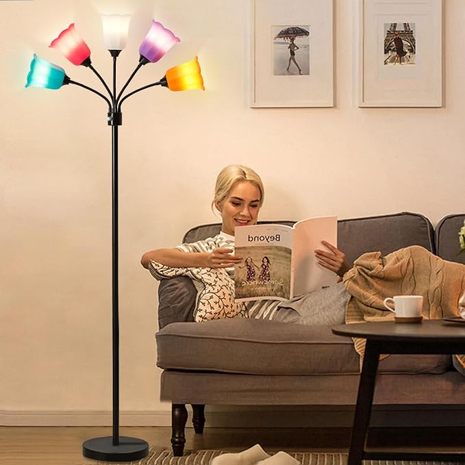 Medusa LED Floor Lamp, Multi Head Modern Tall Lamp with Adjustable Gooseneck Standing Lamps Led Tall Lamp for Living Room Bedroom Kids Room Office 6 Color Lampshades Bulb Not Included Black