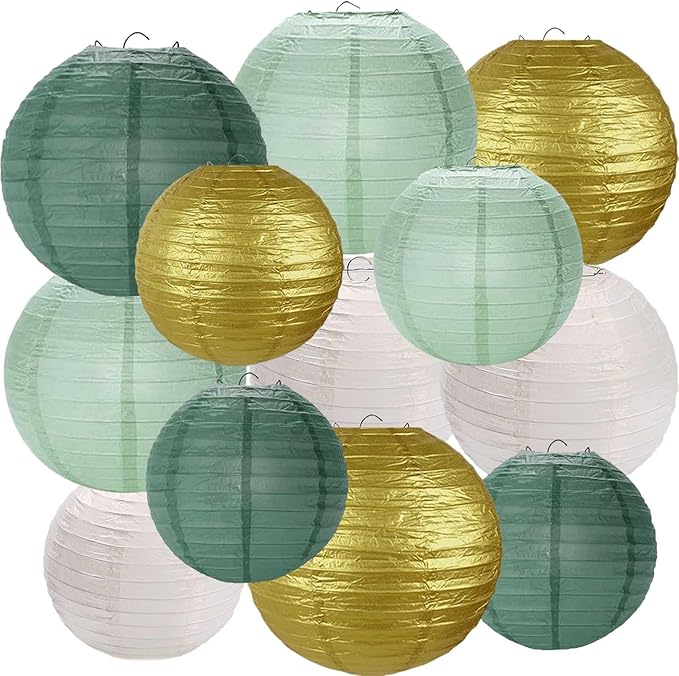 Sage Green Gold White Forest Green Paper Lanterns 12Pcs Hanging Round Paper Lanterns Decorative for Graduation Baby Shower Wedding Birthday Family Parties ﻿
