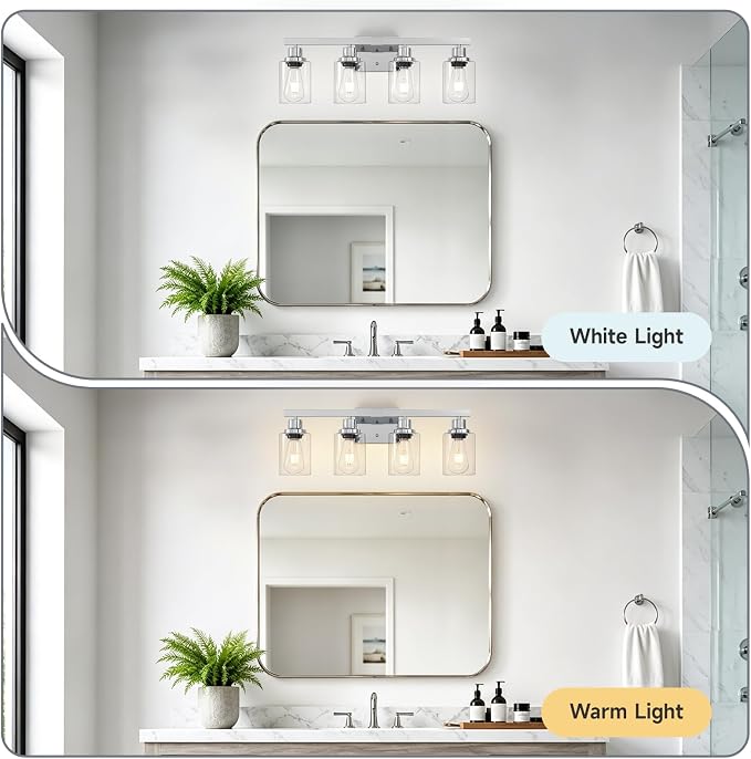 4-Light Chrome Vanity Lights,24" Bathroom Light Fixtures | Modern Polished Chrome Bathroom Lighting over Mirror with Clear Glass Shades,Farmhouse Bathroom Wall Sconece over Sink,E26