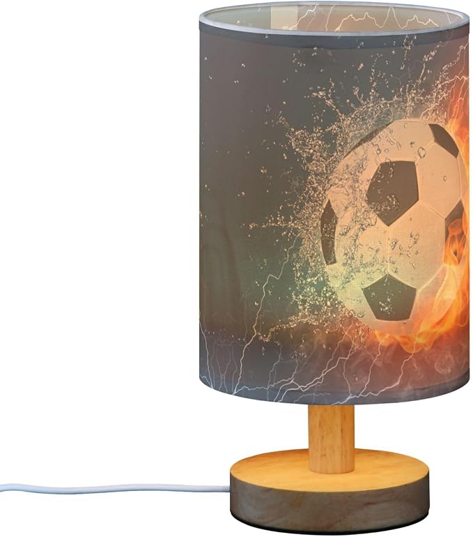Table Lamp Soccer Ball in Fire Flame Water Sport Design American Football Nightstand Lamp with Wood Base Fabric Lamp Shade Bedside Desk Lamp for Living Room Bedroom Kids Room Office
