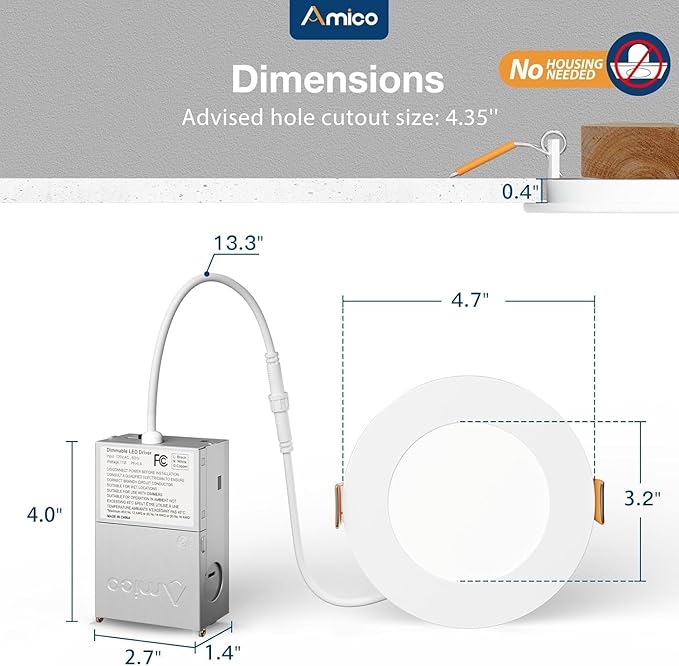 Amico 48 Pack 4 Inch 5CCT Ultra-Thin LED Recessed Light with Junction Box, 2700K/3000K/3500K/4000K/5000K Selectable, 10W Eqv 60W 700LM Brightness Dimmable Canless Wafer Downlight, ETL & FCC