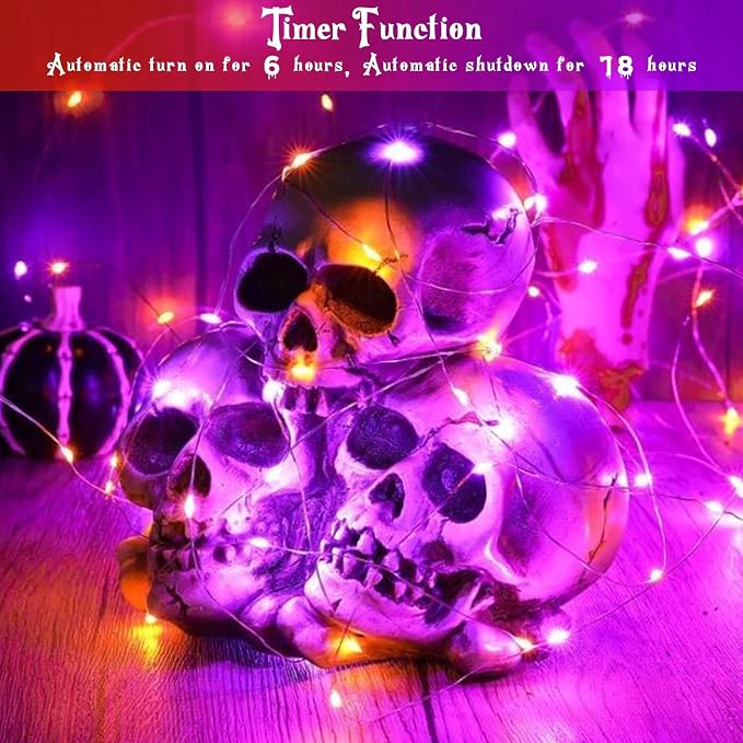 Halloween String Lights 4 Pack Fairy Lights Battery Operated Orang Purple | Each 16FT 50 LED, Timer, Waterproof Wire, Battery Fairy String Lights for Halloween Horror Parties Bedroom Home Table Decor
