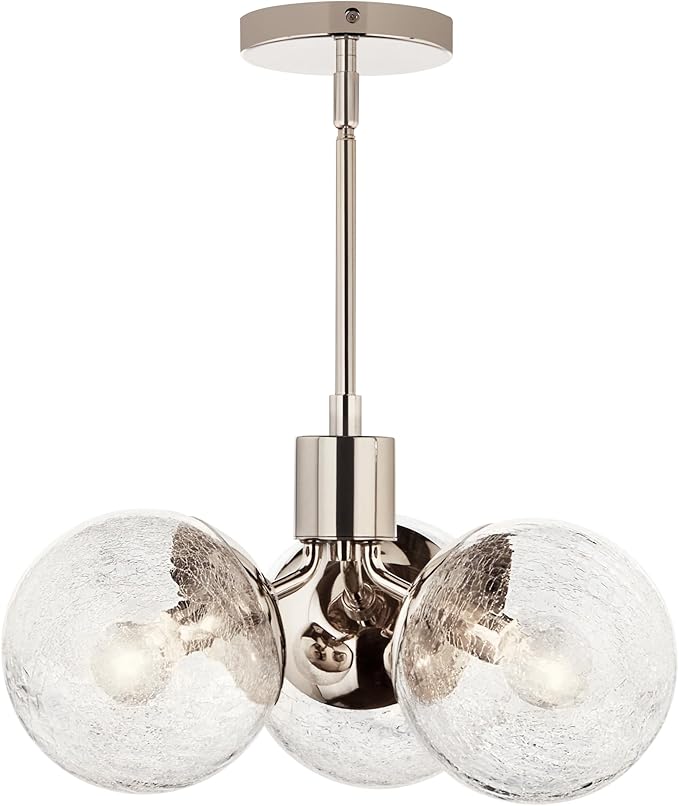Kichler Silvarious 3-Light Convertible Pendant, Soft Modern Light with Clear Crackled Glass in Polished Nickel, for Hallway, Dining Nook, Bedroom or Kitchen (9.5" x 16.5"), 52700PN
