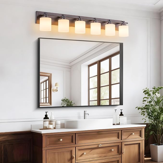 Modern Bathroom Light Fixtures Over Mirror, Vanity Lights for Bathroom Wall Sconces with Milky White Glass Shades, E26 Socket (Bulbs Not Included), 6 Light, Oil Rubbed Bronze