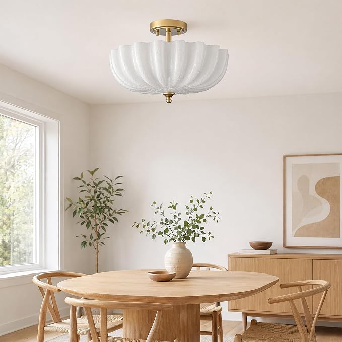 Modern Gold Milky Crackle Glass Semi Flush Mount Ceiling Light | Flower Scalloped Shade 3-Light Brushed Brass Ceiling Light for Bedroom Entryway Living Room