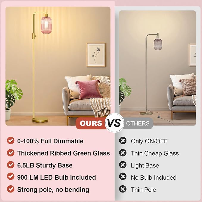 【Upgraded】 Dimmable Floor Lamp for Living Room with Pink Ribbed Glass Lampshade, Gold Modern Floor Lamp with 900LM LED Bulb Included, Arc Standing Tall Lamp for Bedroom, Office, Reading Room, Corner
