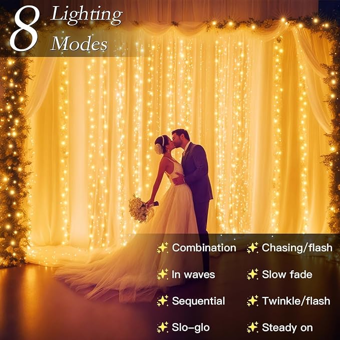 200 LED Warm White Curtain String Lights 9.8x6.6FT, Plug in Fairy Lights with 9 Hooks, Dimmable, Timer & 8 Modes, IP44 Waterproof, Bedroom Wall Wedding Party Christmas Indoor Outdoor Decor