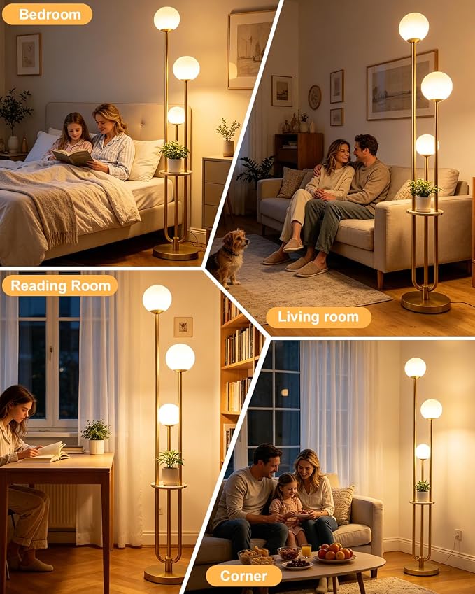 63IN Dimmable Floor Lamp with Shelf, Unique Globe Gold Tall Standing Lamps, 3000K Warmwhite Mid Century Modern Floor Lamp with 5Lbs Heavy Base for Living Room Home Office(Bulbs Included)