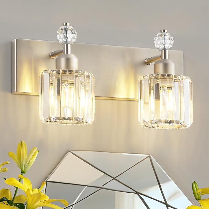 PRESDE 2-Light Crystal Bathroom Vanity Light, Brushed Nickel Modern Bath Lighting Fixture Over Mirror, Wall Sconce Lamp